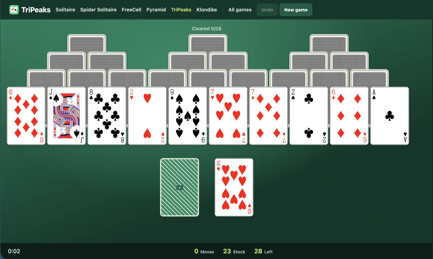 TriPeaks solitaire setup diagram